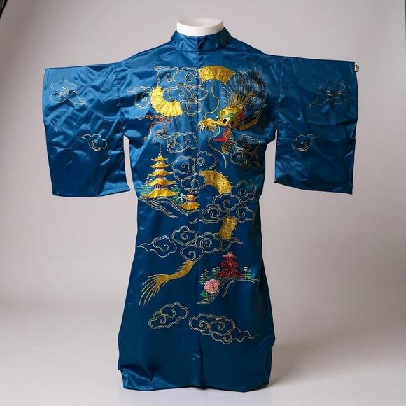 Vintage Blue Satin Embroidered Kimono Robe Dragon Pagoda Design One Size - Picture 1 of 16